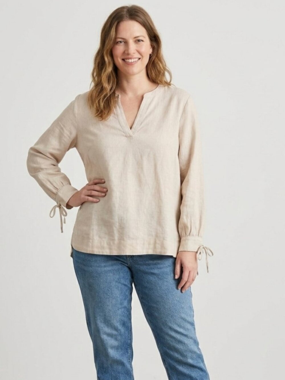 Old Navy Ecru 100% Cotton Boho Blouse XL Split Neck Puff Sleeve Peasant Top